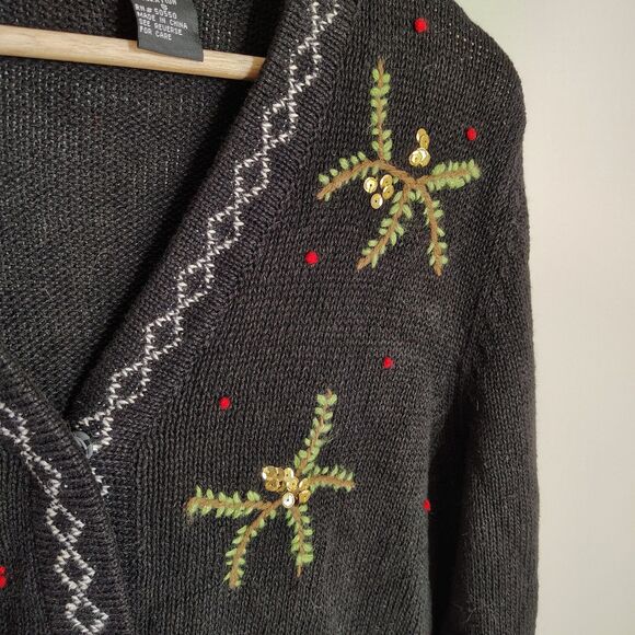 Embellished Christmas Cardigan Sweater Cardinals Holly Sequin Holiday Bird SMALL - Picture 3 of 8